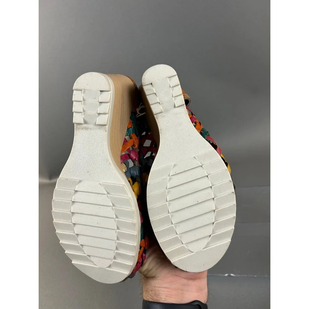 Huarache Wedge Pumps Multi Color Woven Leather Floral Canvas Mexican Boho 23